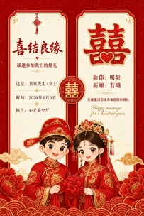 做中式婚礼邀请函海报可以试试这条 Prompt，红白双联版式很出片