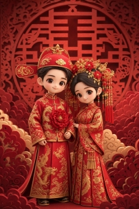 一条婚礼 AI 绘画 Prompt：照片转 Q 版 3D 新人，红金古装风很喜庆